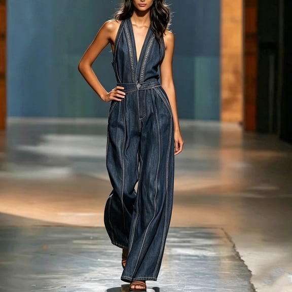 Uaswgudfs Women's Denim Jumpsuits Deep V Neck High Waist Wide Leg Contrast Stitching One Piece Outfits for Casual Daily Party