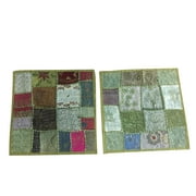 Mogul Vintage Green Cushion Cover Ethnic Embroidered Cotton Patchwork Home Decor Pillow Case