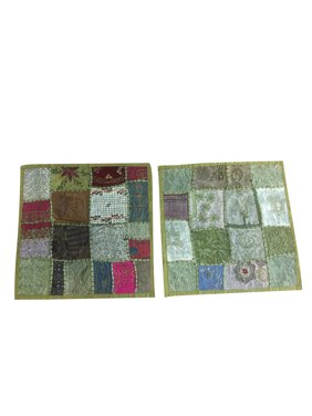 Mogul Vintage Green Cushion Cover Ethnic Embroidered Cotton Patchwork Home Decor Pillow Case