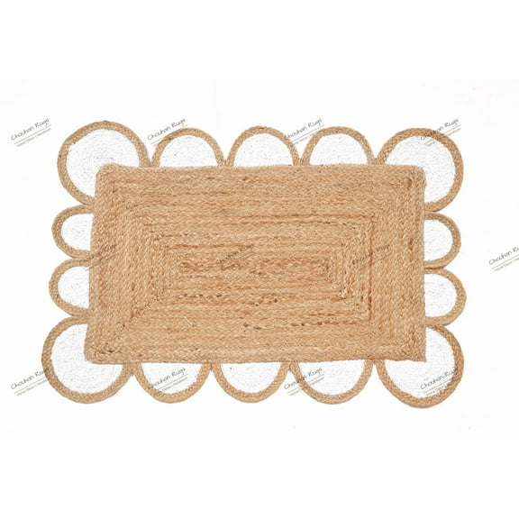 Natural Jute Rug Hand Braided Beige and White Color Scalloped Area Rug Rectangle Rug