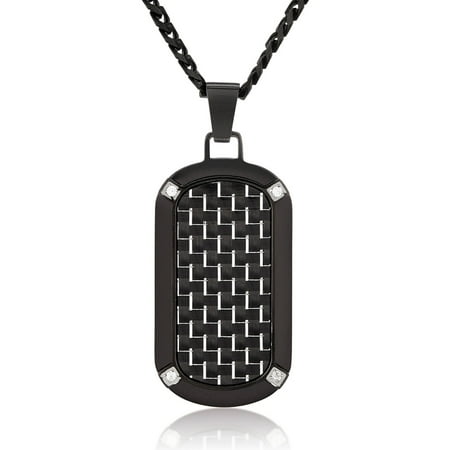 Crucible Black-Plated Stainless Steel Carbon Fiber with CZ Dog Tag Pendant