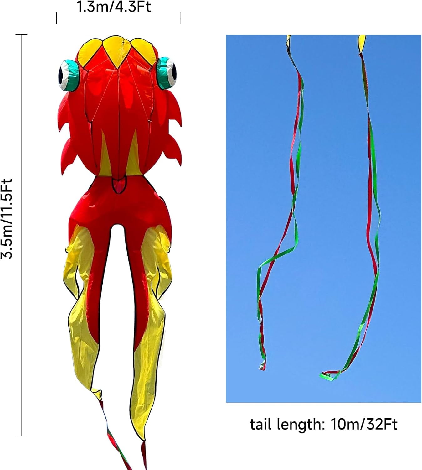 Large 43ft 3D Goldfish Frameless Soft Umbrella Kite for Adults, Easy to Fly with 330ft String for Beach and Park, Ages 12+