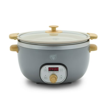 GreenLife 6 Quart Non Stick Family Meal Slow Cooker with Removable Pot, Grey