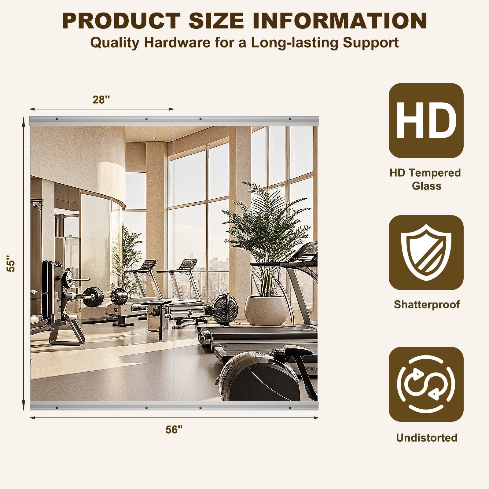 AUROMIR 28"x 55"-2PCS Home Gym Wall Mirror Frameless Tempered Glass Full Length Yoga Mirror
