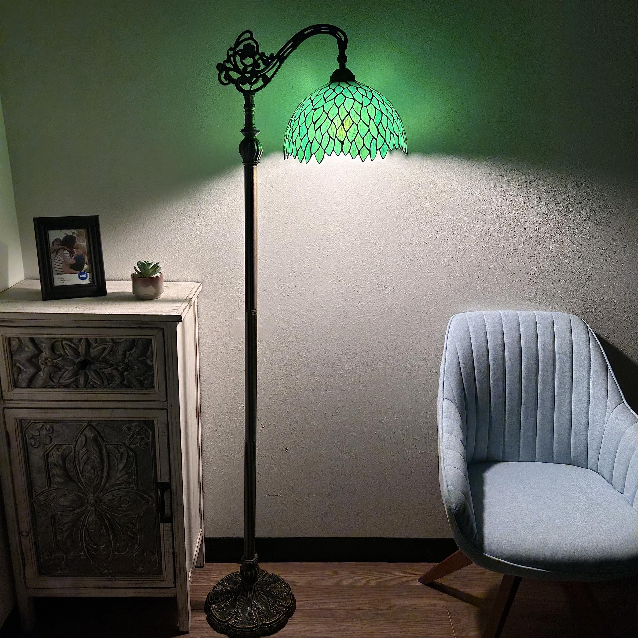 Tiffany Floor Lamp Green Leaves Stained Glass Gooseneck Adjustable LED Bulb Included for Living Room Bedroom 20"W*12"D*63"H