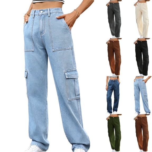 Miqool Women's Cargo Jeans High Waisted Baggy Straight Leg Stretch Work Denim Pants with Multiple Pockets