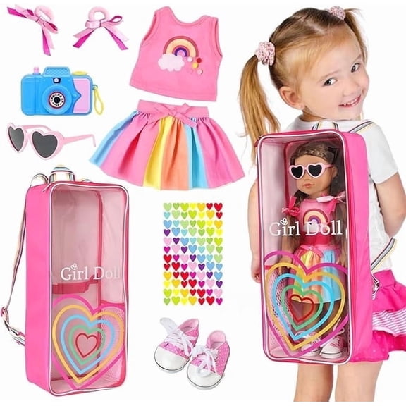K.T. Fancy  18" Girl Doll Carrier Backpack Rainbow Heart Style Playset - 9 Piece Accessory Collection with Bag , Gifts for 3-10 Years Old