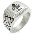 thumbnail image 1 of Stainless Steel Ornate Fleur De Lis Geometric Pattern Step-Down Biker Style Polished Ring, 1 of 1