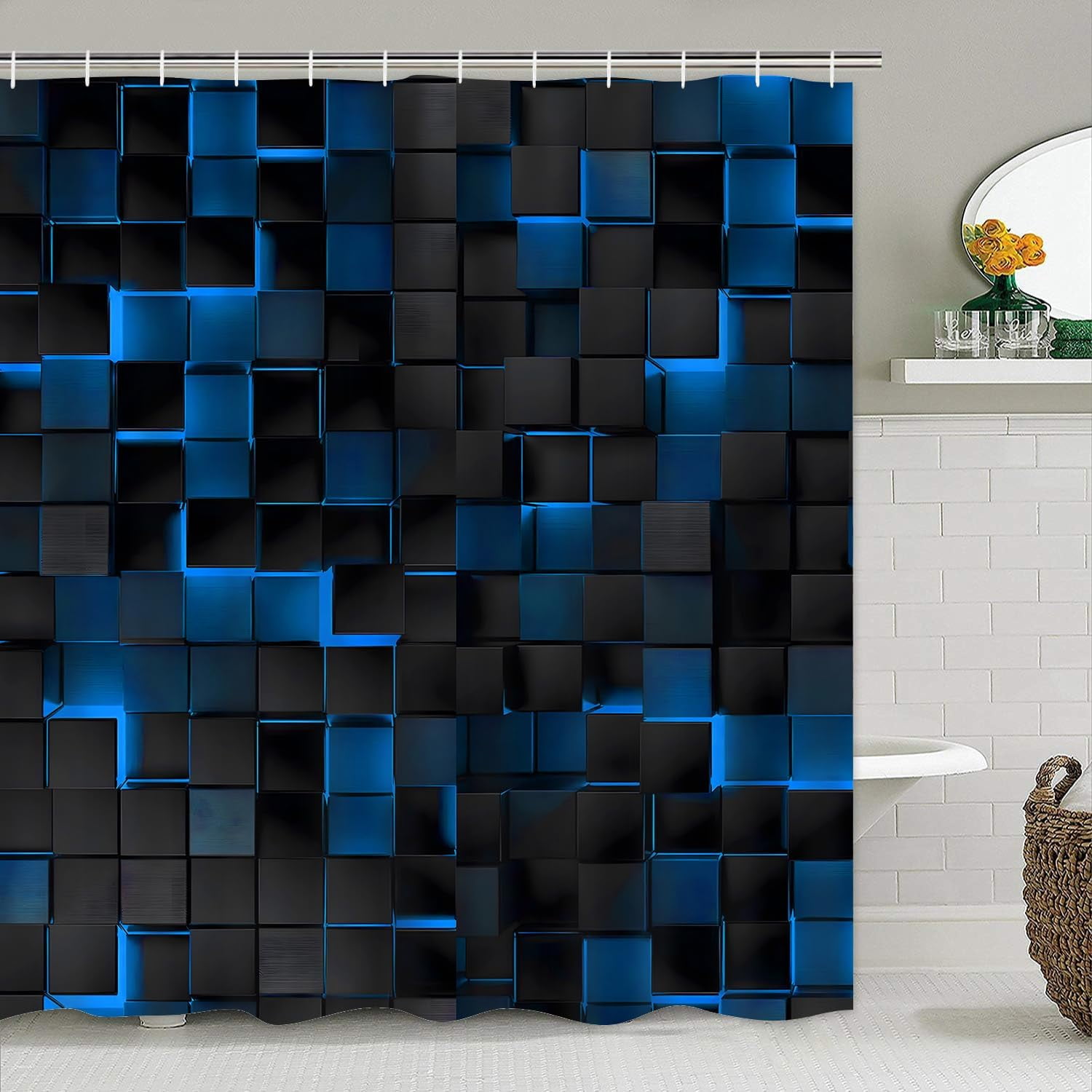 4Pcs Blue Shower Curtain Set 3D Cubes Bathroom Sets Modern Shower Curtain Set for Bathroom Sets with Rugs Black and Blue Shower Curtain with 12 Hooks