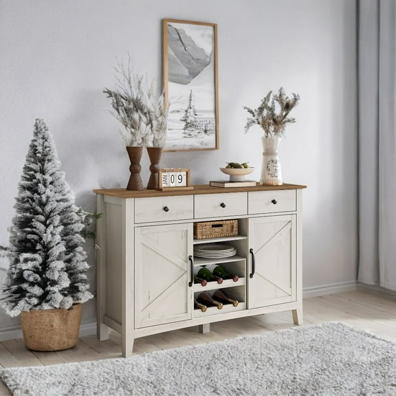 LEDREM Farmhouse Coffee Bar Cabinet with 3 Drawers - Adjustable Shelf Storage, Multi-Functional Sideboard, Rustic White and Honey Brown