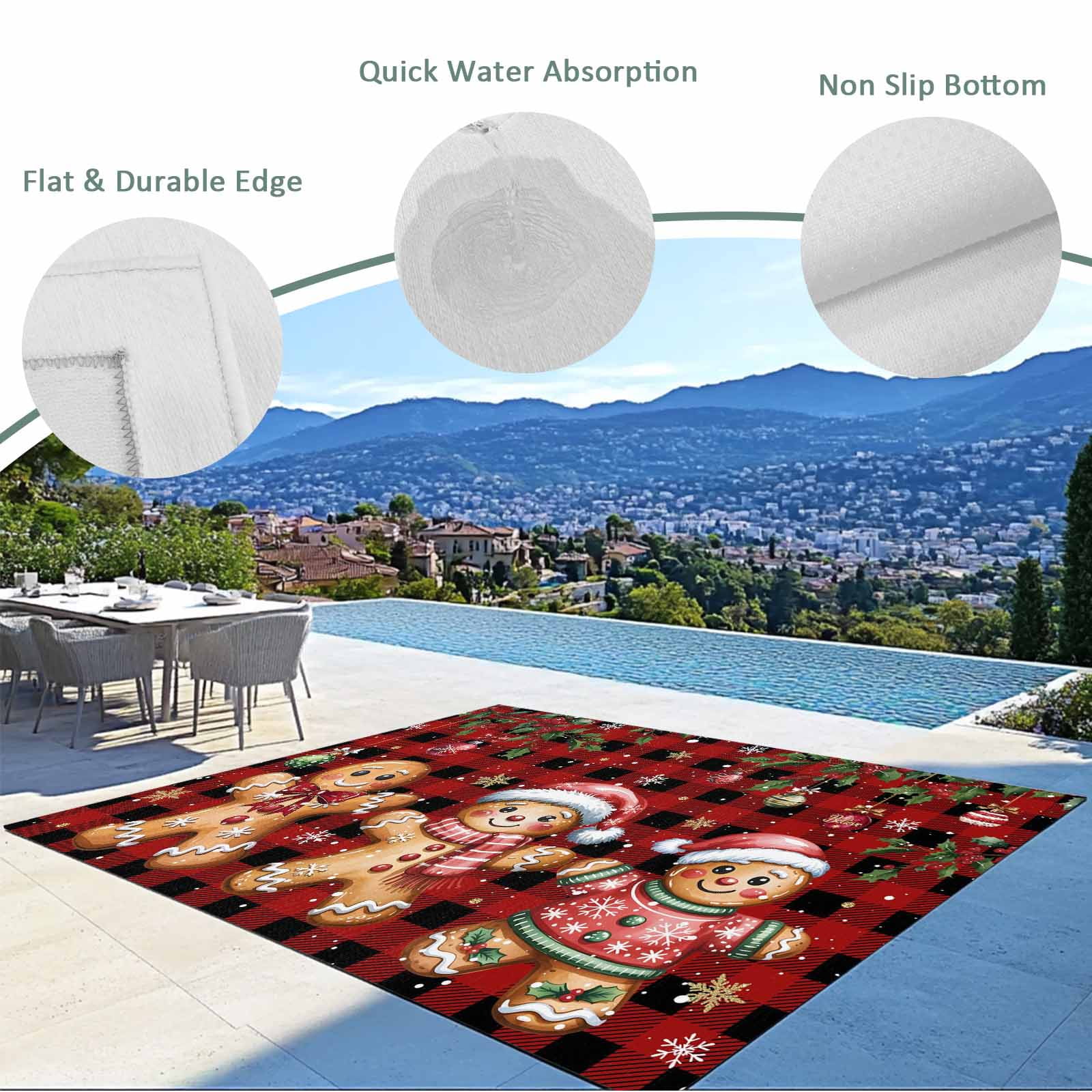 Fsddascl Red Plaid Christmas Gingerbread Outdoor Rug for Patio/Deck/Porch, Non-Slip Large Area Rug 5 x 8 Ft, Xmas Balls Snowflake Indoor Outdoor Rugs Washable Area Rugs, Camping Rug Carpet Runner