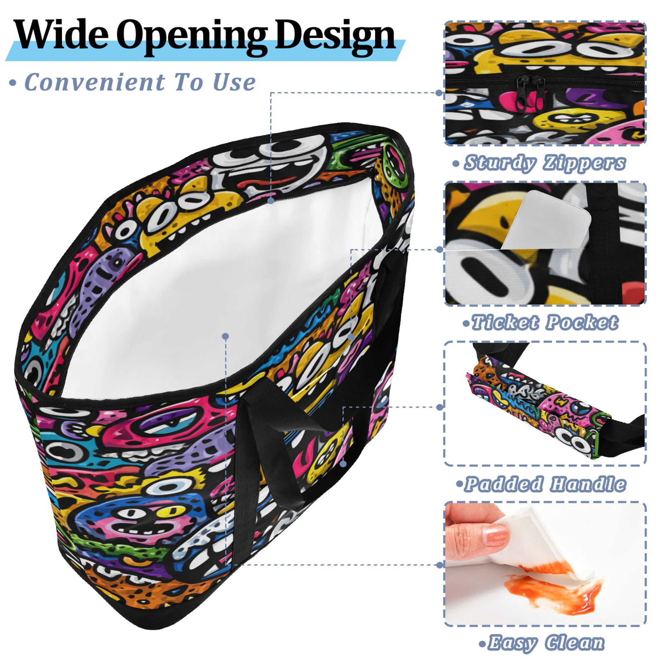 Extra-Large Wide Opening Design Capacity Hand-Held Ice Pack Thickened Insulation Layer For Long-Lasting Cold Retention For Outdoor Shopping Picnics And Camping Colorful Cartoon Monsters
