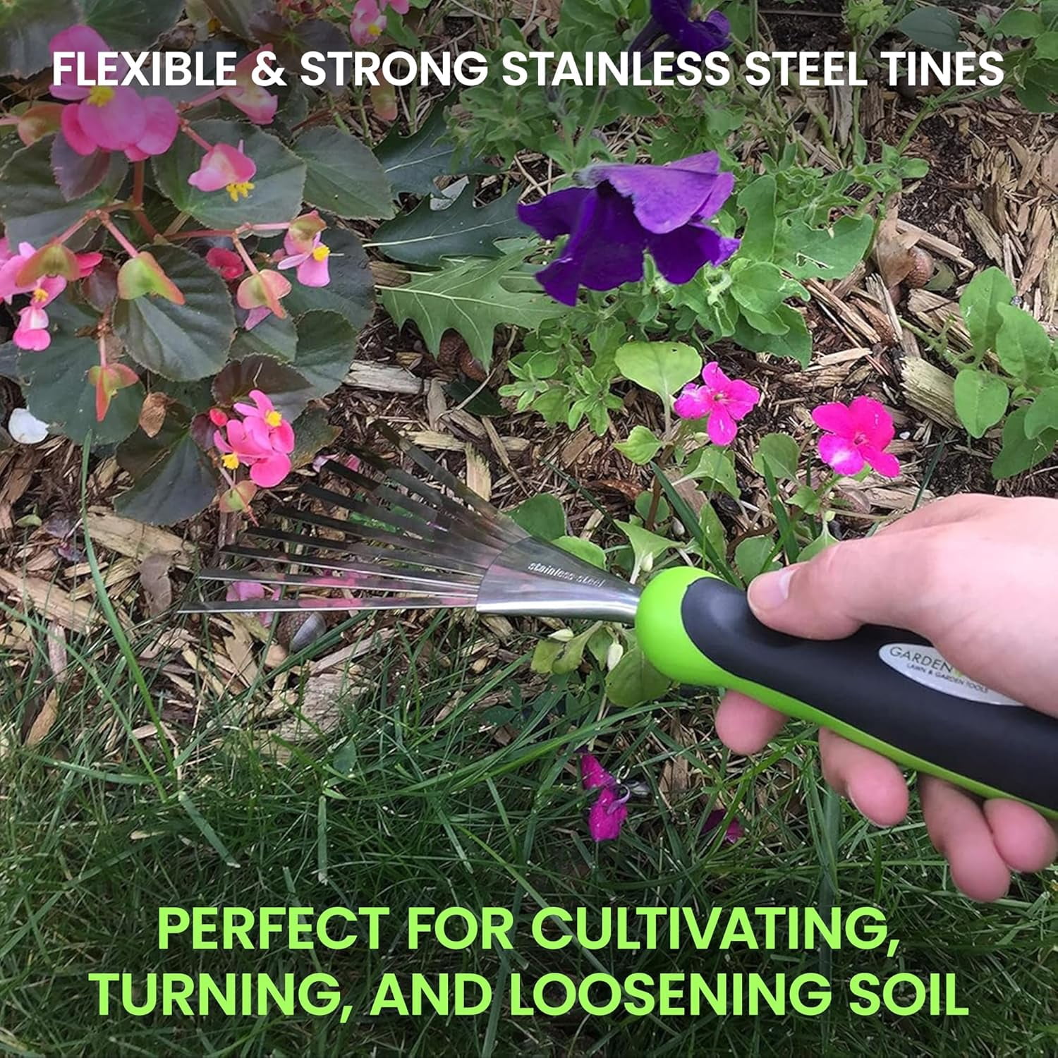 Garden Guru Stainless Steel Hand Rake Soil Tiller with Ergonomic Handle, Great for Gardening, Cultivating, Loosening Soil & Spreading Mulch, Raking Flower Beds