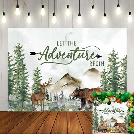 Image of Baby Backdrop Adventure Awaits Greenery Forest Woodland Animals Background Let The Adventure Begin Party