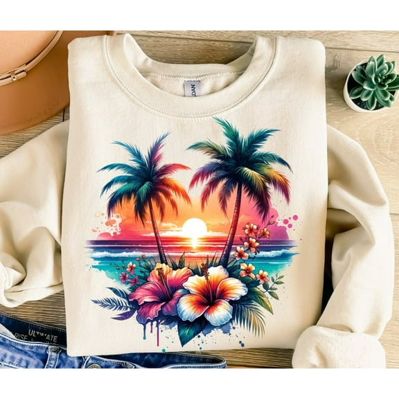 Beach Sunset T-shirt, Summer T-shirt, Palm Trees T-shirt, Tropical Flowers TH200571