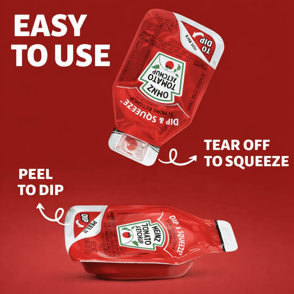 Heinz Tomato Ketchup Dip & Squeeze Packets – 0.95 oz Each (Pack of 20) – Peel to Dip or Tear to Squeeze, Single-Serve Condiment