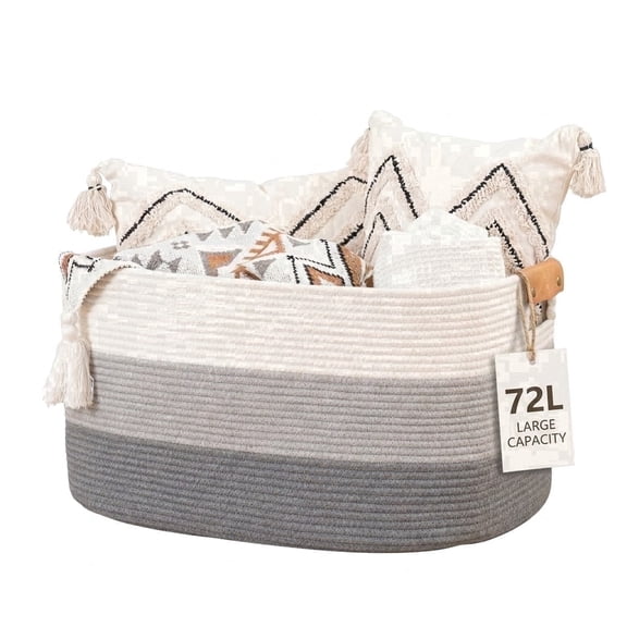 TeoKJ Foldable Rectangular Woven Cotton Rope Storage Basket with Leather Handles, 72L, Gradient Gray