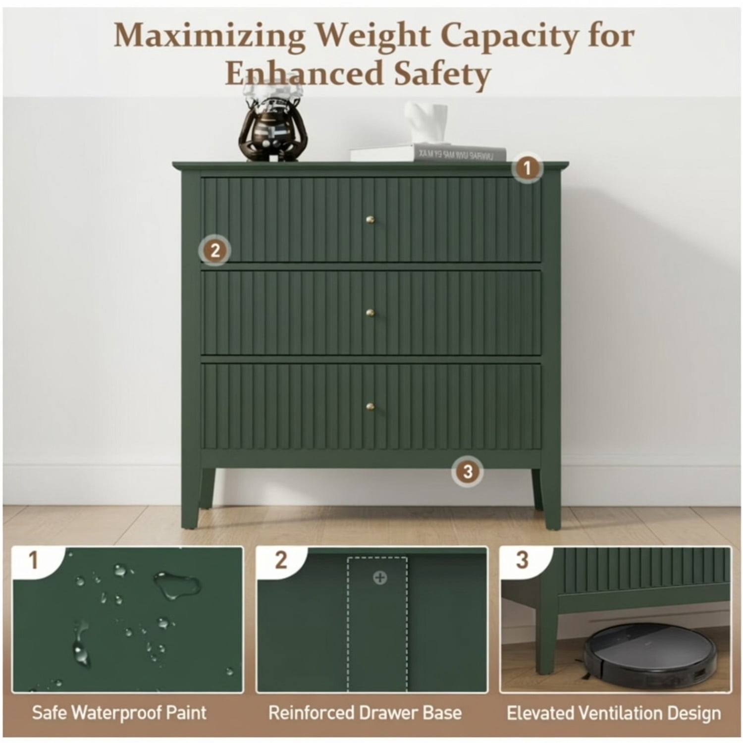 Hommoo 32"W Wooden Fluted 3-Drawer Nightstand, Large Modern Bedroom End Table, Green