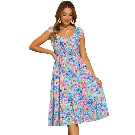 DARING DIVA Smocked Sleeveless Ruffle Neck Flowy Floral Midi Dress XS Blue Pink