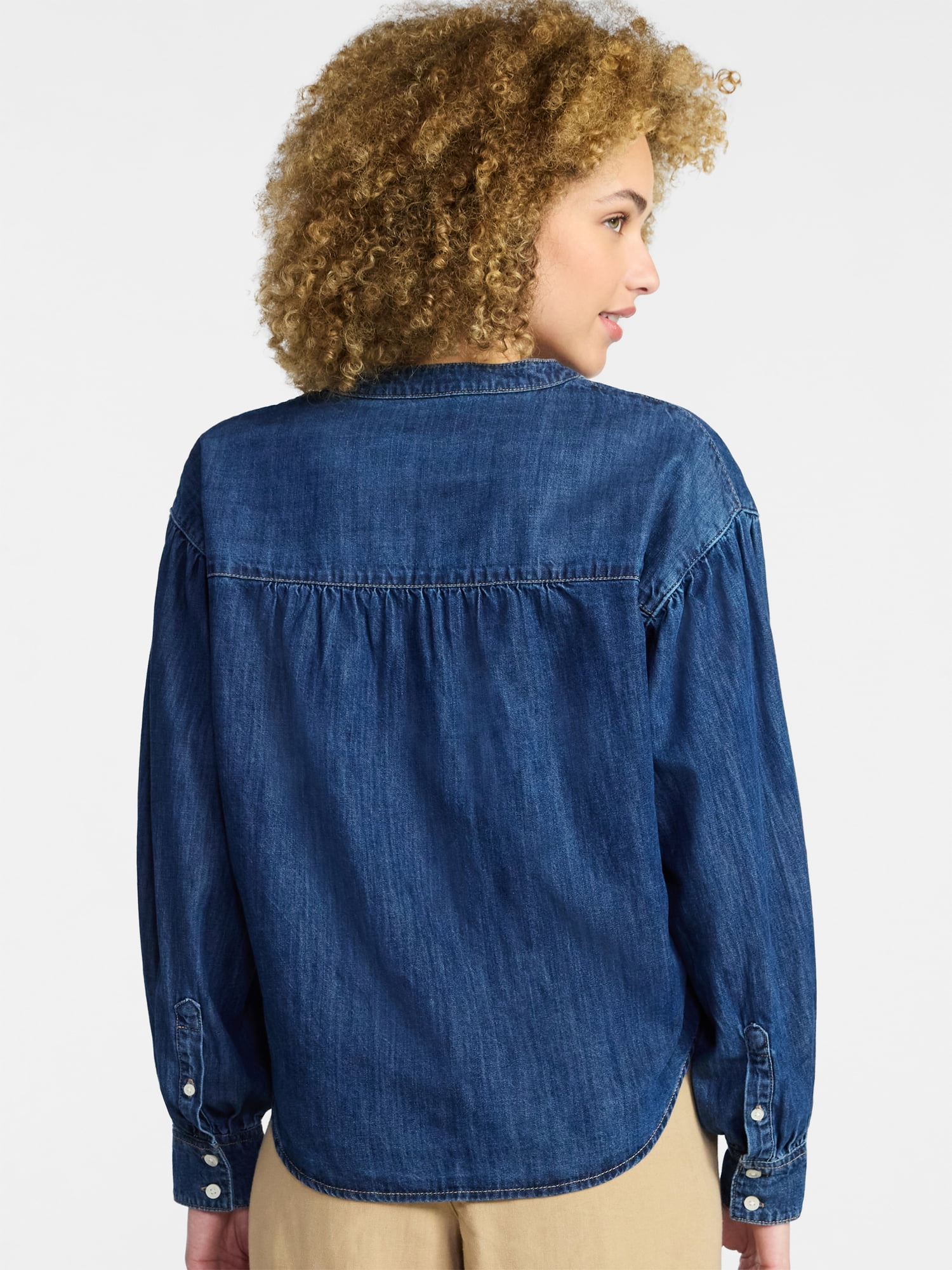 Time and Tru Women's Popover Denim Top with Long Sleeves, Sizes XS-XXXL
