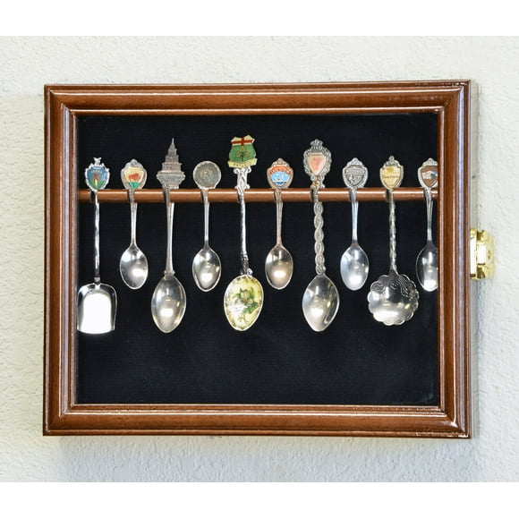 10 Spoon Display Case Cabinet Wall Mount Rack Holder w/98% UV Protection Lockable, Walnut