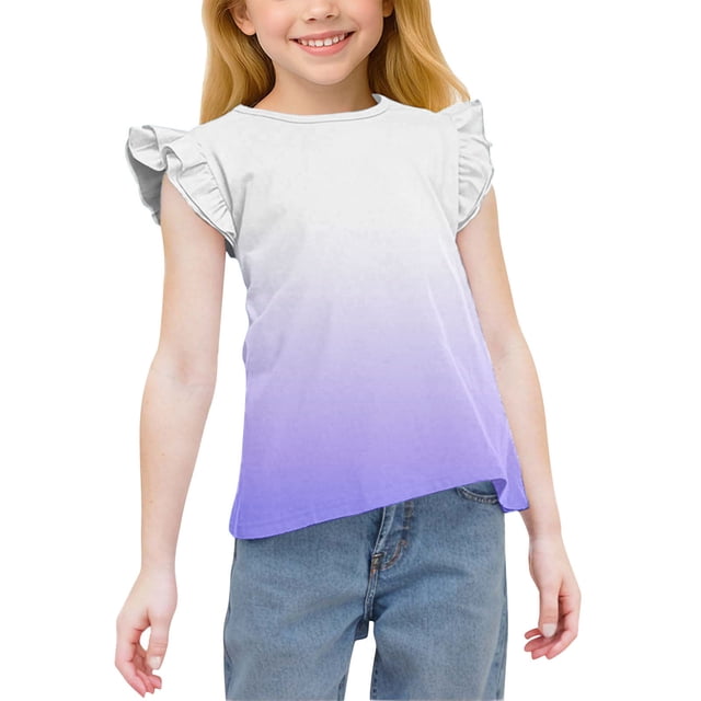 SROBPTY T-Shirts d'Été pour Filles, T-Shirts Décontractés à Manches à Volants à Col Rond pour Filles d'Été Violet 8 Ans