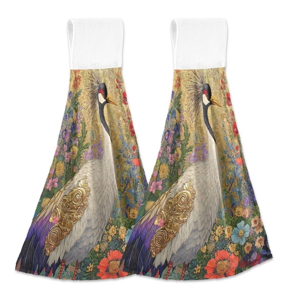 BZSMCE Hanging Hand Towels Fashion Crane in Floral Setting Pattern 2-Pack - Velcro Style Bathroom Kitchen Towels