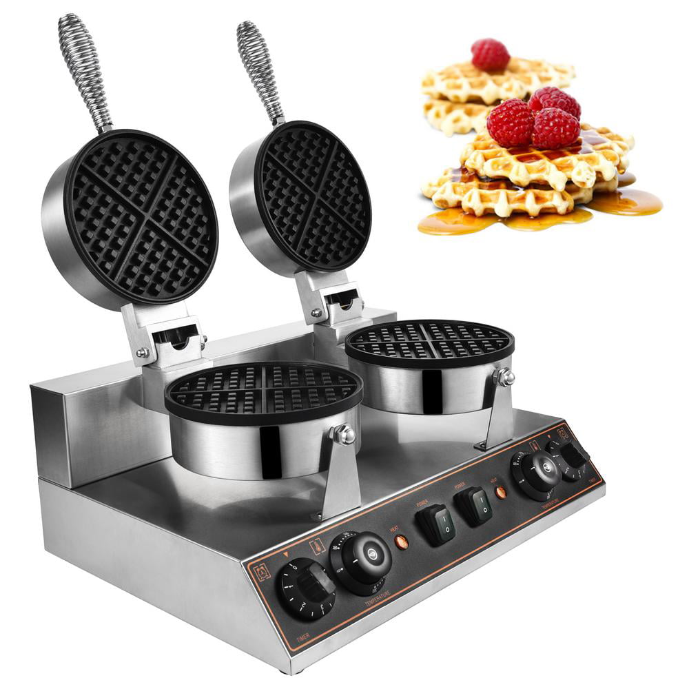 Double-head Commercial Round Waffle Maker Machine Nonstick Temp & Time Control 