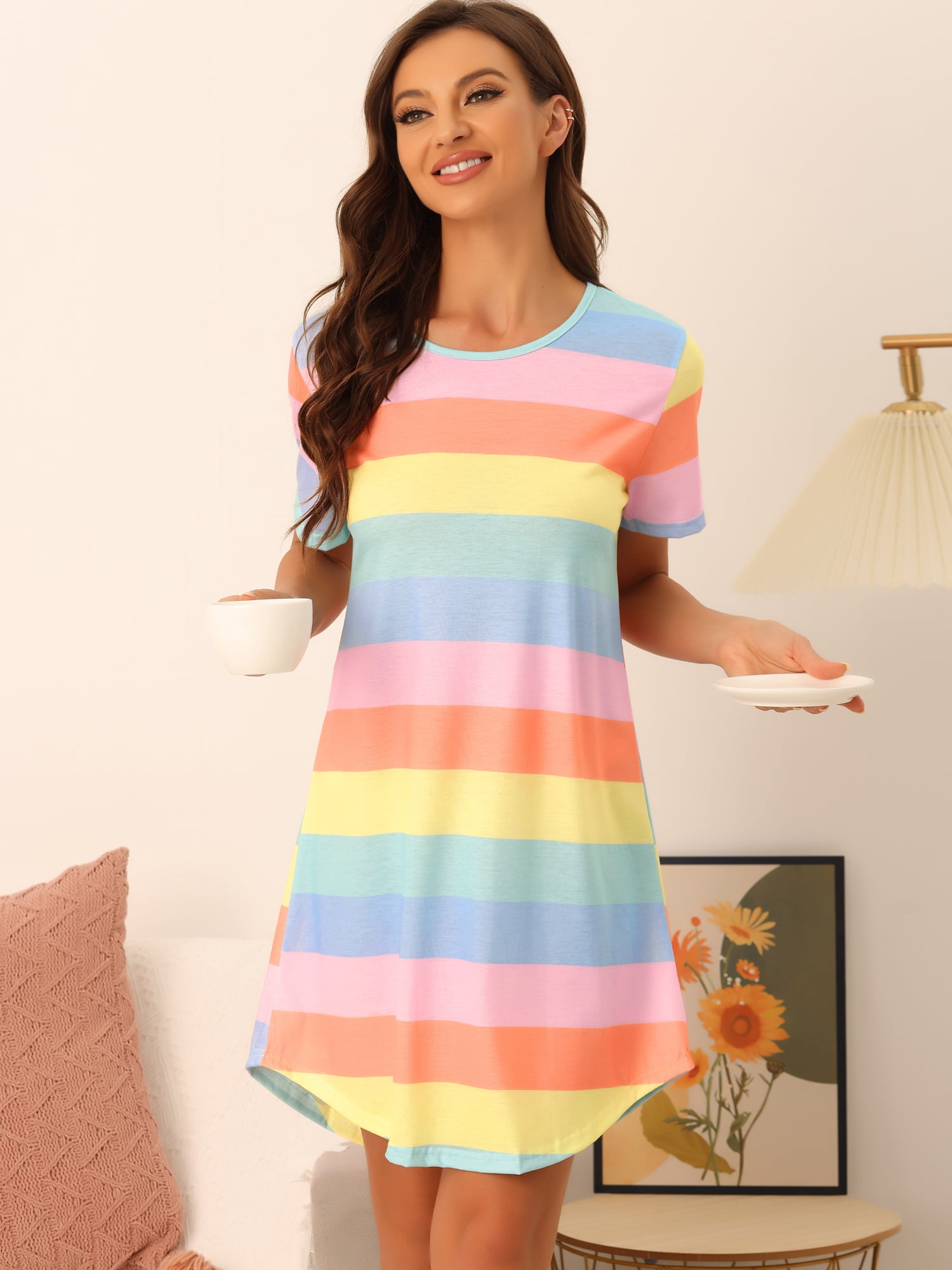 DARING DIVA Women's Colorful Striped Short Sleeve Nightgown M Light Color