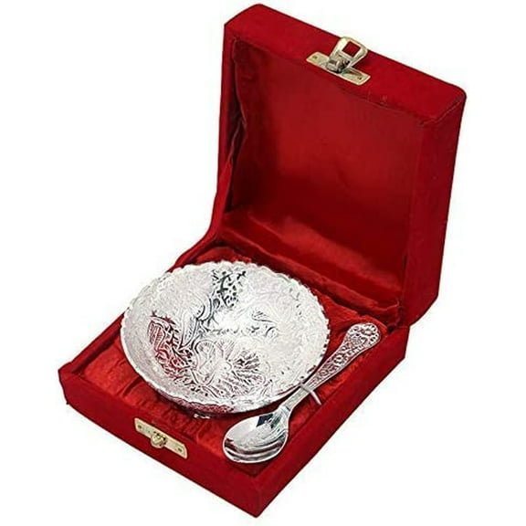 Rastogi Handicrafts Aluminum Silver Plated Small Round Bowl Set with Spoon Size - 3.5 inch
