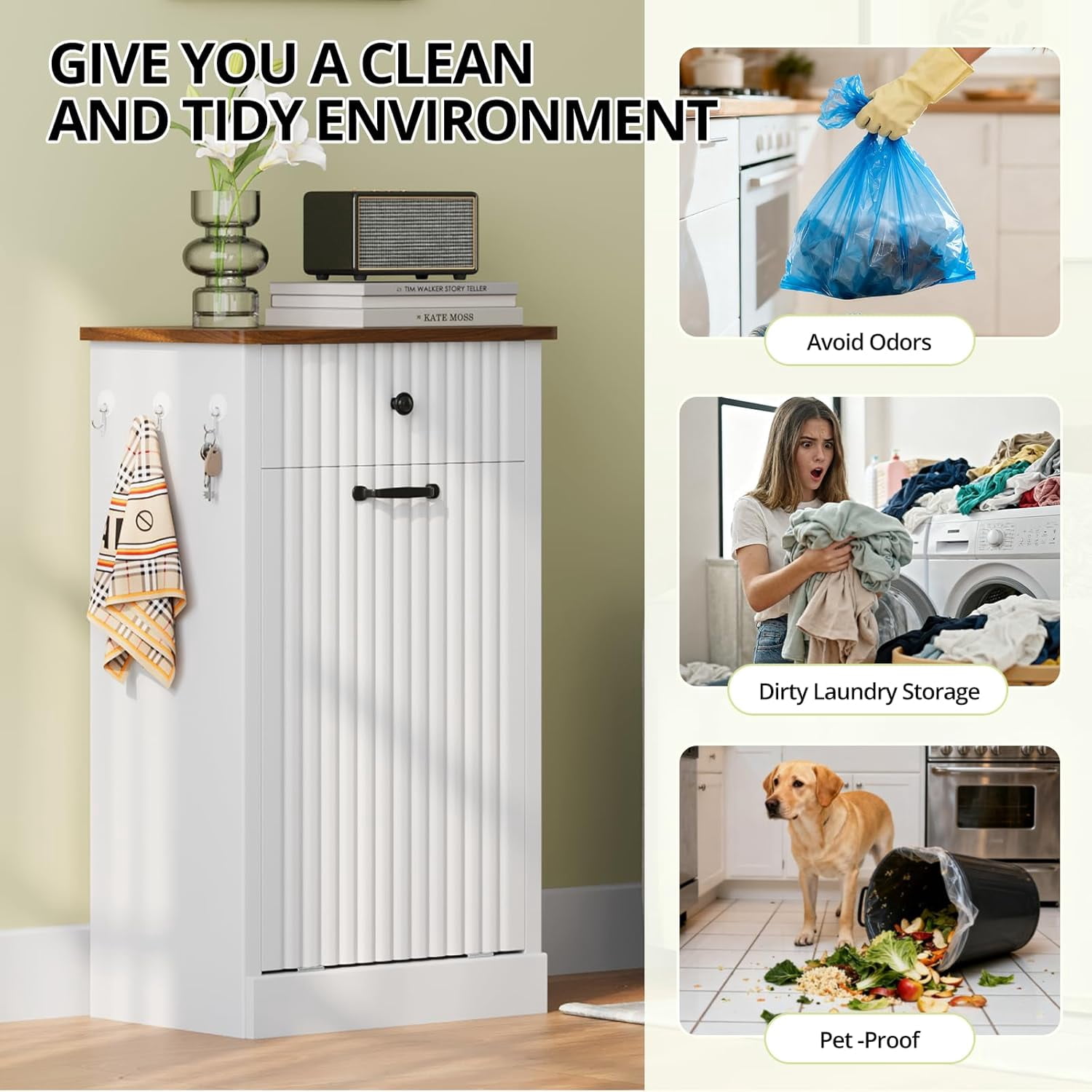 SELOOYE 10 Gallon Tilt Out Trash Can Cabinet , Wooden Hidden Garbage Can Holder with Storage Drawers for Kitchen and Dining Room, Laundry Hamper Cabinet for Bathroom, White