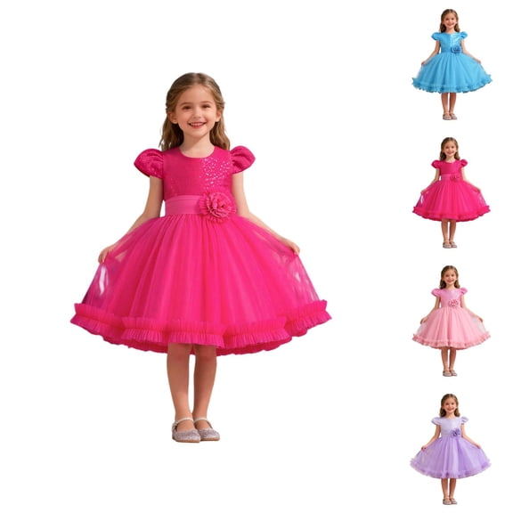 Sparkly Floral Tutu Dress for Girls, Short Sleeve Glitter Embellished Party Gown with Sequins, Toddler Princess Birthday Wedding Celebration Dress