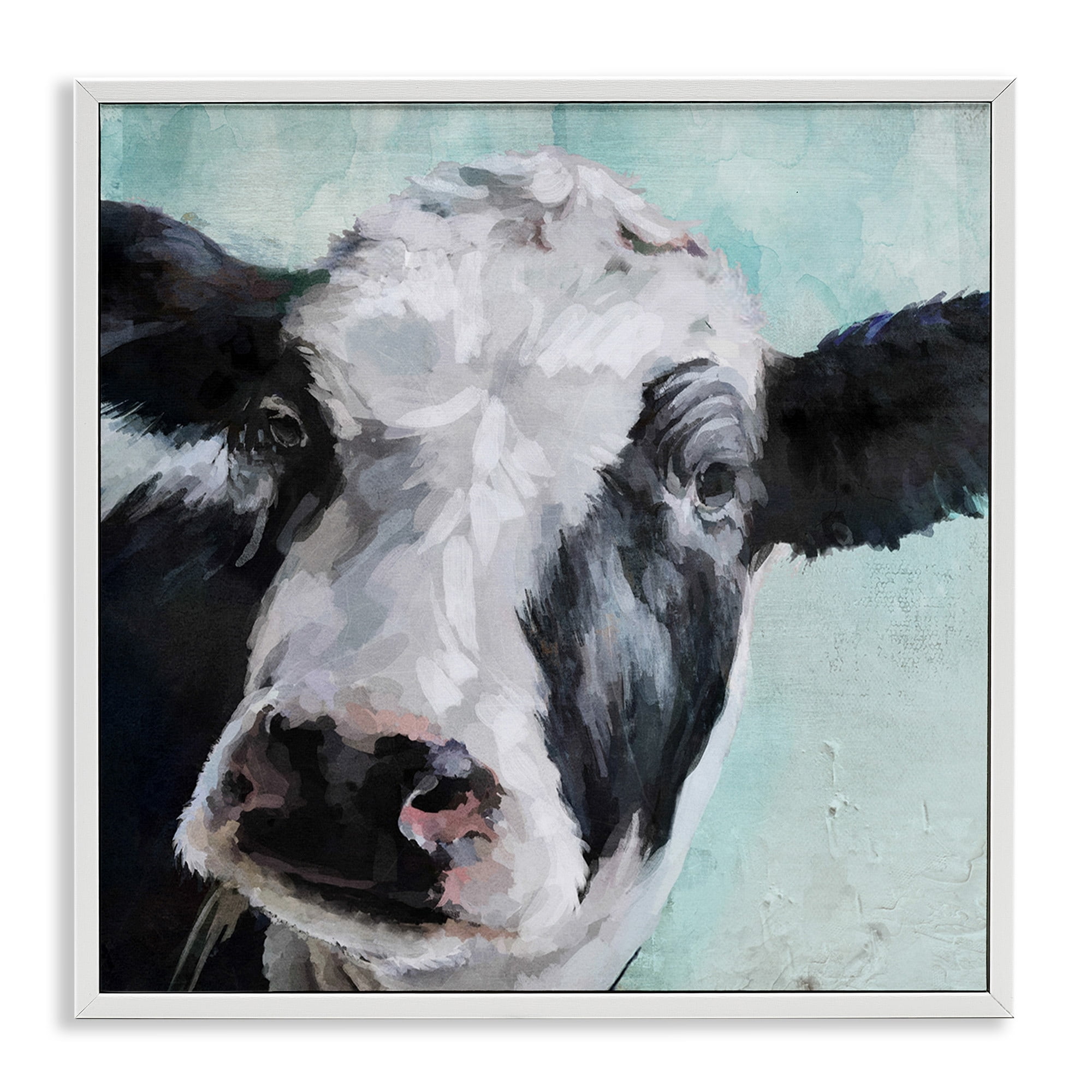 Gentle Farm Cow Painting on Blue Animals & Insects Framed Art Print Wall Art, 17x17
