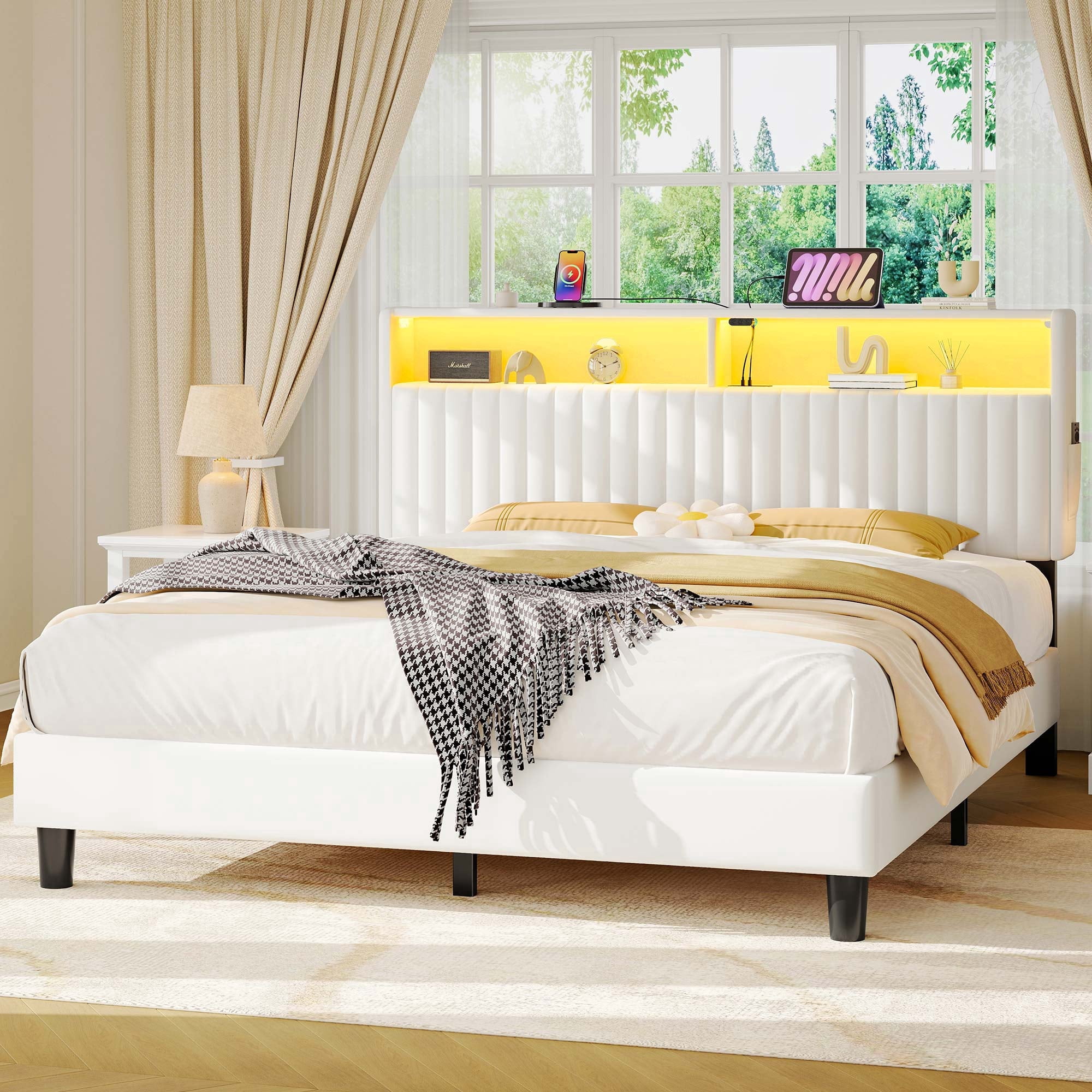 Greenstell Queen Size Bed Frame with Upholstered Storage Headboard and LED Light, Bed Platform with Charging Station, USB Ports, Under-bed Storage, White