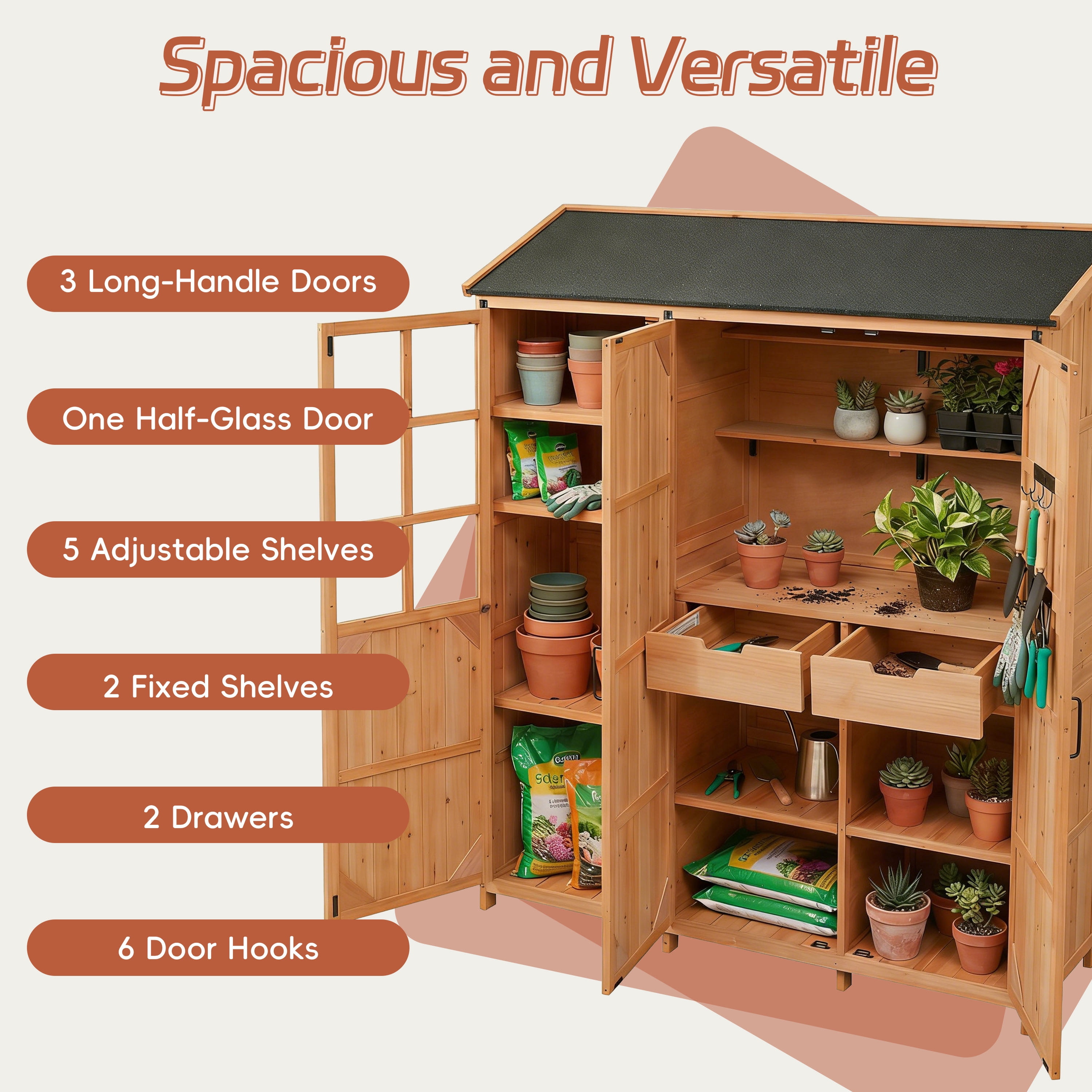Harper & Bright Designs Patio Garden Shed Storage, Wood Outdoor Storage Cabine with Doors and Shelves Drawers, Tall Patio Shed with Workstation and Waterproof Roof for Backyard, Natural