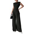 thumbnail image 2 of Stichou Womens Summer 2 Piece Outfit Set Dressy Casual Sleeveless Tank Tops Crew Neck Wide Long Leg Pants with Pockets Black S, 2 of 8