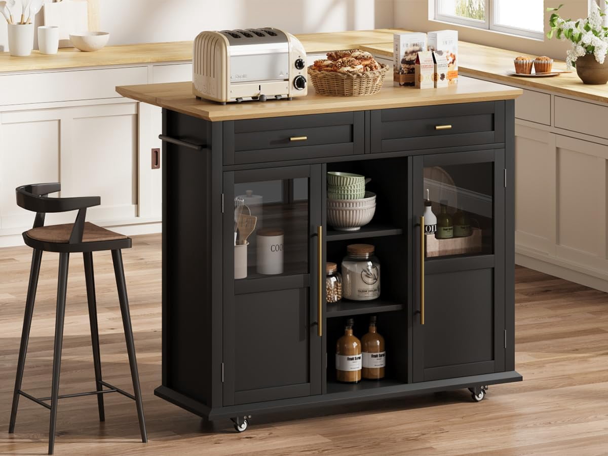 Ataucjin Foldable Kitchen Island On Wheels,Rolling Kitchen Island Cart with 2 Glass Doors,Spice Rack & Towel Holder,Kitchen Island Table with Storage Cabinet,Compact Mobile Storage Cart for Kitchen