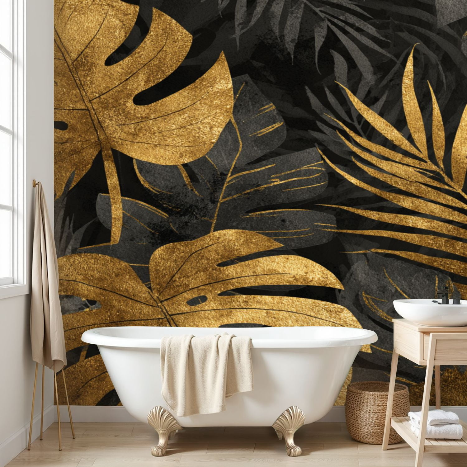 Wall Mural Peel and Stick seamless gold black tropical leaves dark Self-Adhesive Wallpaper Removable Wall Decal Wall Sticker Home Decor for Living Room Bedroom 69"x96"