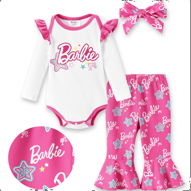 Barbie Baby Girls Clothes 3pcs Set Graphic Long Sleeve Ruffle Romper Bell Bottom Pants And Headband Star Print Pink Outfit 3-6 Months