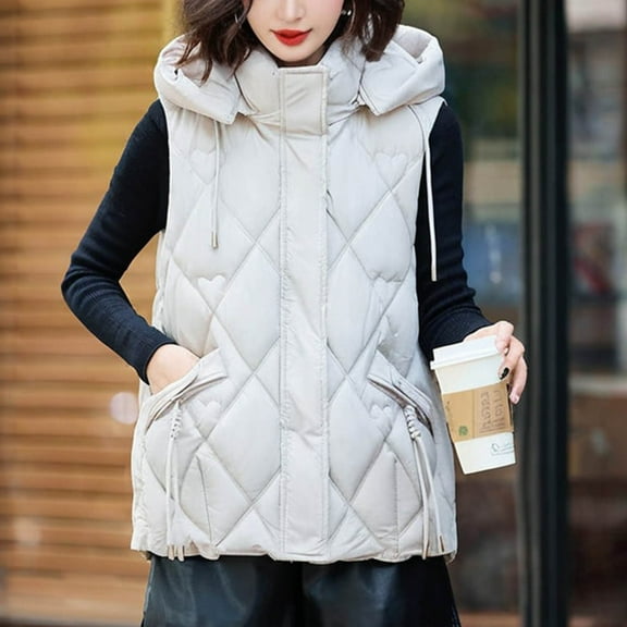 Xdegoge Womens Vest Jacket Sleeveless Zip Up Hooded Drawstring Quilted Vests with Pockets Oversized Stand Collar Warm Coat Winter Trendy Outfits 2025