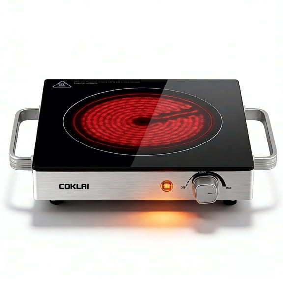 COKLAI Infrared Glass Electric Hot Plate, Portable Single Burner with Adjustable Temperature, Easy-Clean Surface, Compact Cooktop for Kitchen, Dorm, RV & Camping