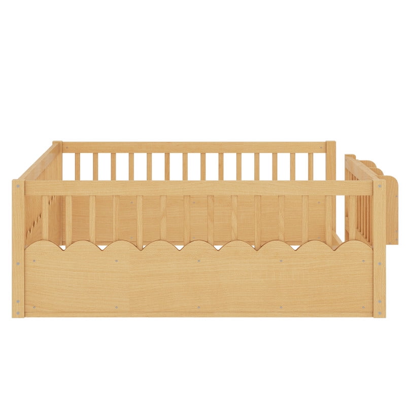 Queen Size Wood Floor Bed with Wavy Fence, Kids Platform Bed Frame with No Slat, Montessori Storage Bed with Bookshelf