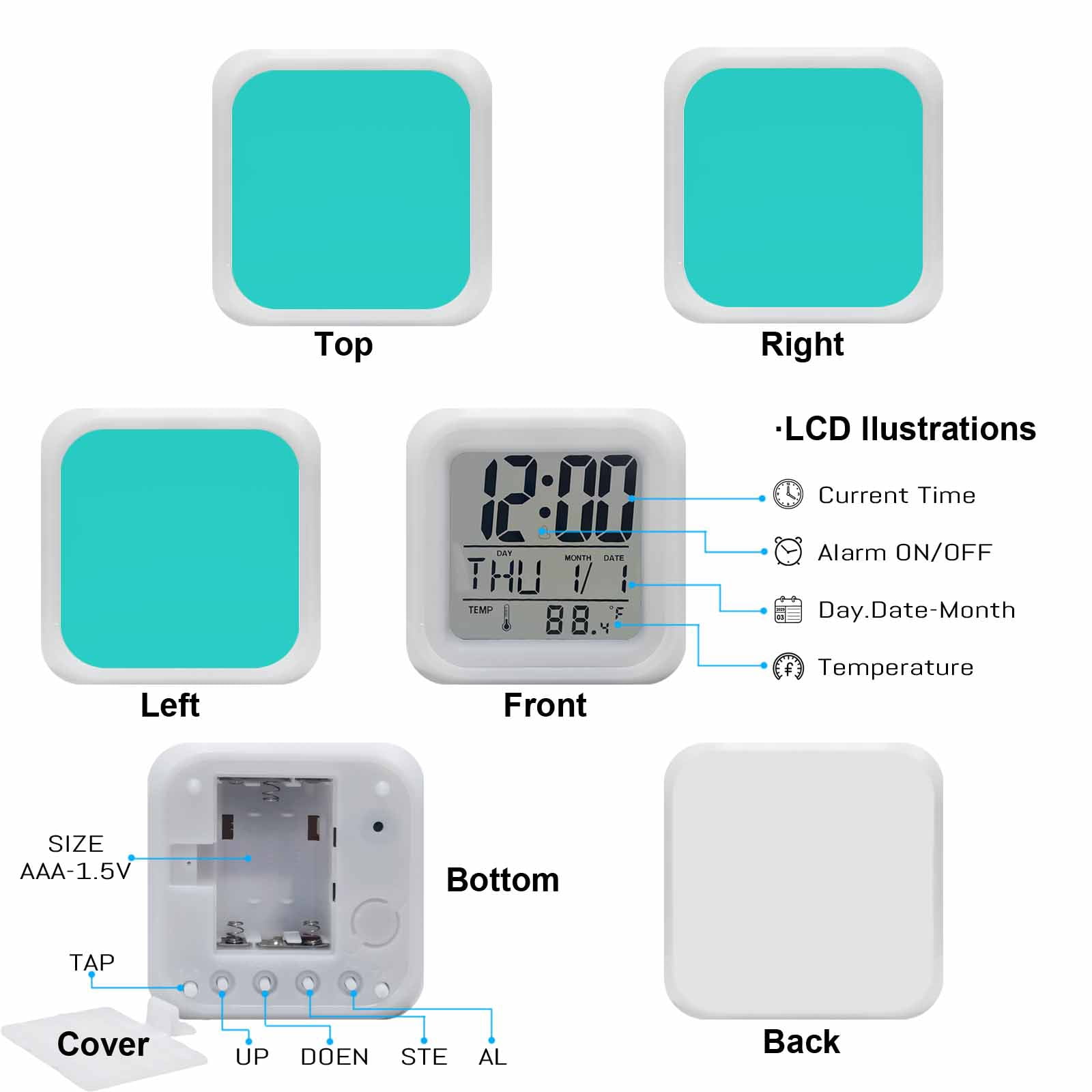 Turquoise Digital Alarm Clock for Bedrooms, Smart LED Alarm Clock with 7 Color Changing Night Light, Modern Pure Turquoise Silent Wake Up Clocks for Sleep Study Cooking 3.2"x3.2"
