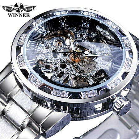 WINNER Men Automatic Watch Fashion Diamond Display Luminous Hands Gear Movement Retro Mechanical Skeleton Watches Luxury Casual Business