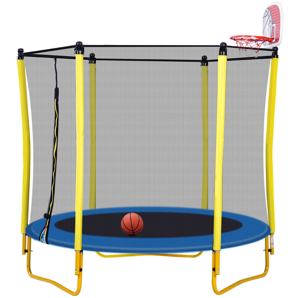GeweYeeli Trampoline with Basketball Hoop High Resilience Jump Enclosure Net Steel Frame Mesh Net Exercise Toy for Kids