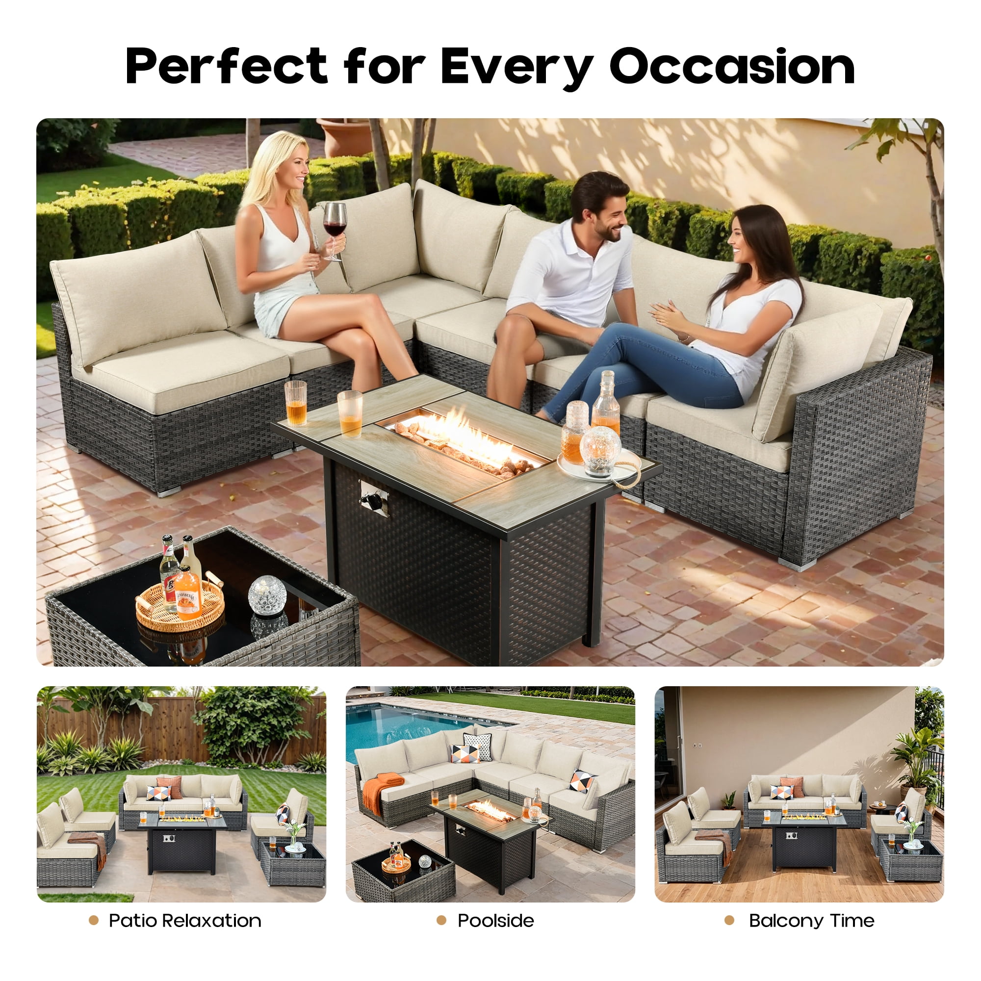 Vcatnet Patio Furniture Sets with Fire Pit 10 Pieces Sectional Sofa All Weather Wicker Outdoor Conversation Set with Swivel Glider Chair and Coffee Table, Beige