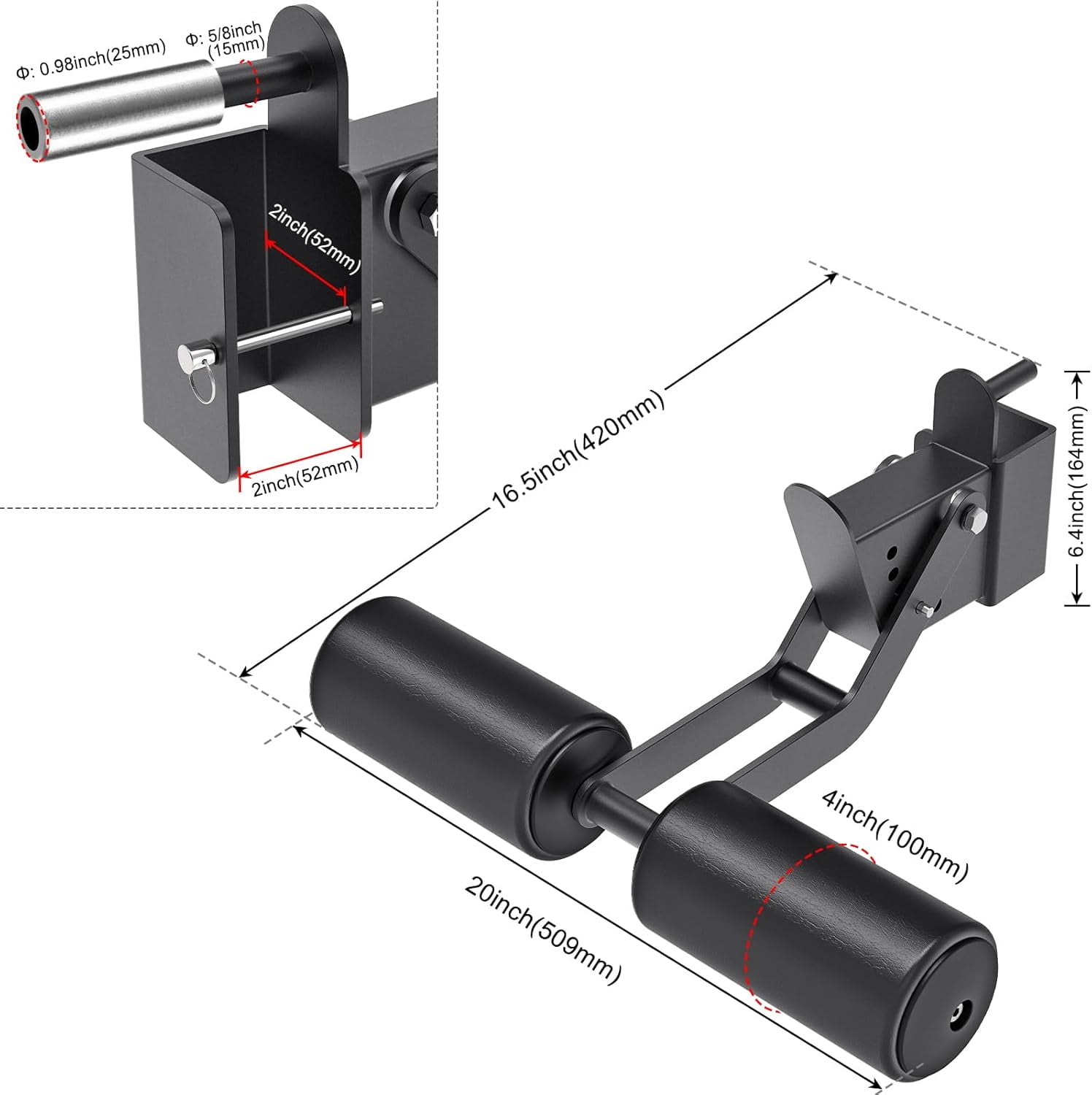 Nordic Hamstring Curl Squat Rack Attachment for Power Rack with 5/8" or 1" Hole - Adjustable Leg Hold Down Attachment with Premium Leather Surface