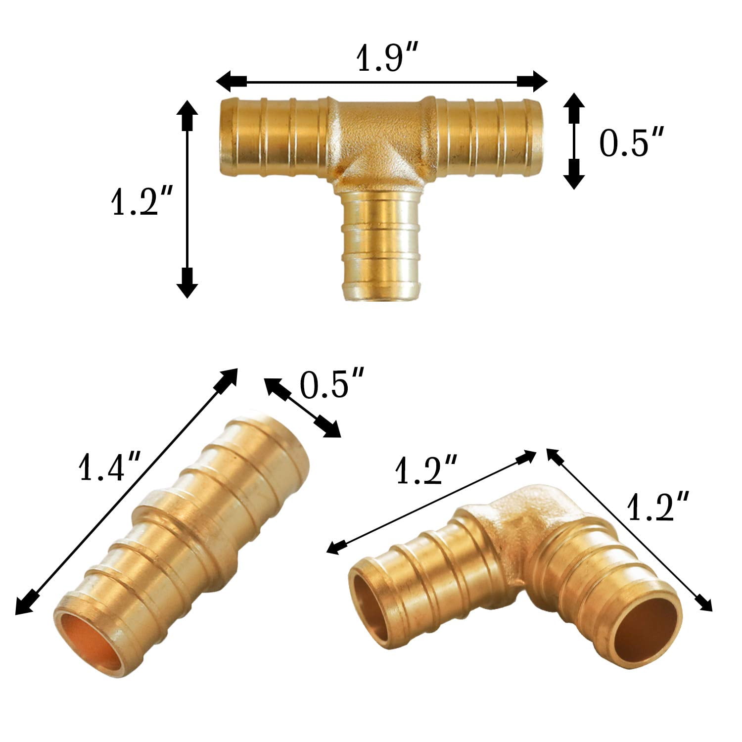 1/2 inch T PEX Tee & 90 Degree Elbow & Straight Coupling 1/2" (pack of 12) Lead Free Brass Barb Crimp Pipe Fitting/Fittings