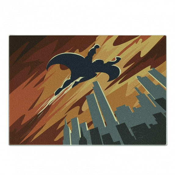 Vintage Cutting Board, Silhouette of a Superhero over Apartments in Sky Night Fiction Comic Image, Decorative Tempered Glass Cutting and Serving Board, Small Size, Red Orange Grey, by Ambesonne