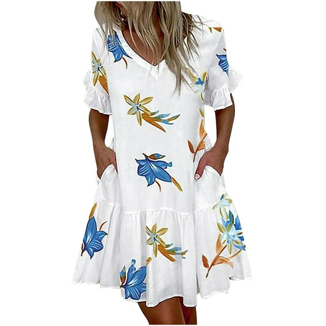 Fridja Robe Décontractée pour Femme à Col en V, à Volants, à Manches Courtes, Imprimée, avec Poches